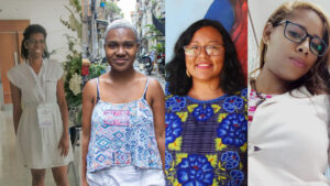 Young Afro-descendant feminists are leading agents of change in countries across Latin America. From left to right: Nedelka Lacayo (Red de Mujeres Afrolatinoamericanas, Afrocaribeñas y de la Diáspora), Fernanda Viana Araujo (Redes da Maré), Dhyada Zuleima Herrera Morga (Mano Vuelta), and Glendys Blanco (PLAFAM). © Fòs Feminista, 2022.