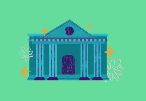 Bank building icon with sparkles.