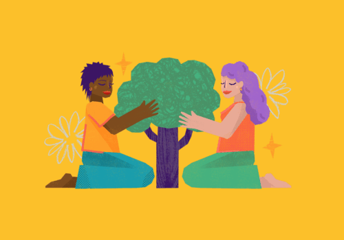 Two people nurturing a growing tree.