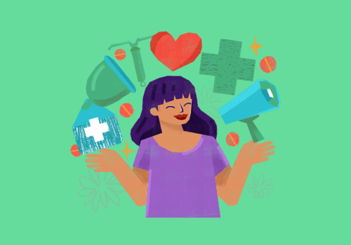 Smiling person with arms outstretched surrounded by healthcare products, a hear, and a megaphone.