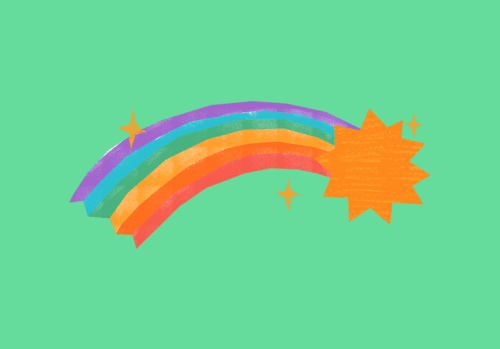 Comet with a rainbow-colored tail and stars.