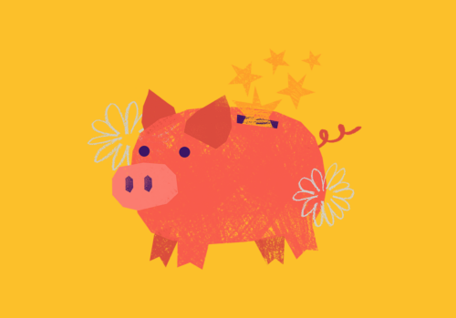Illustration of a pink piggy bank with coins and stars, used to represent charitable giving and fundraising governance.